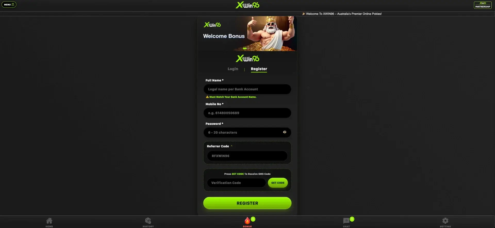 XWIN96 registration form for Australian players
