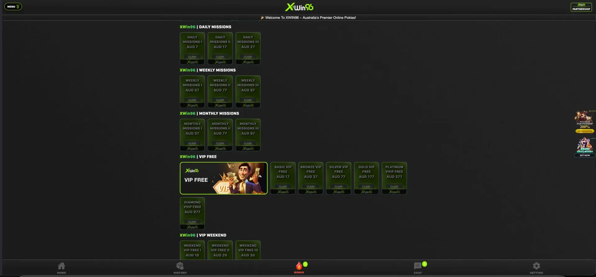 XWIN96 daily, weekly and monthly casino missions