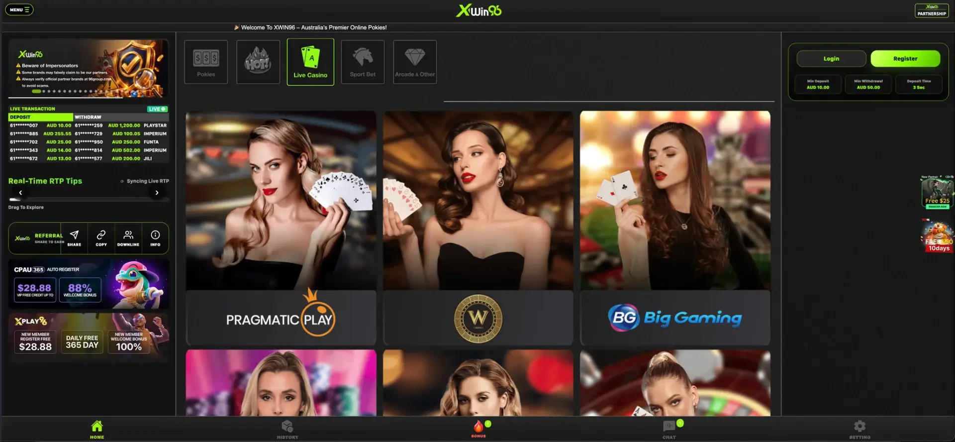 XWIN96 casino lobby and game navigation in Australia