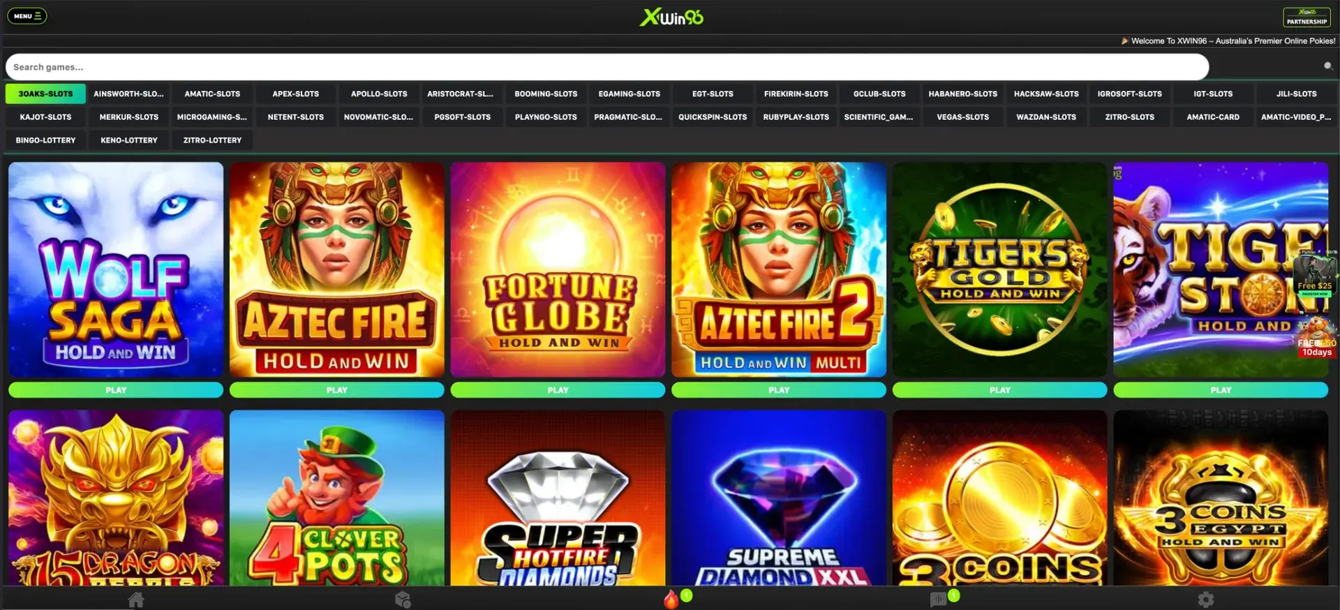 XWIN96 pokies game library and provider filters